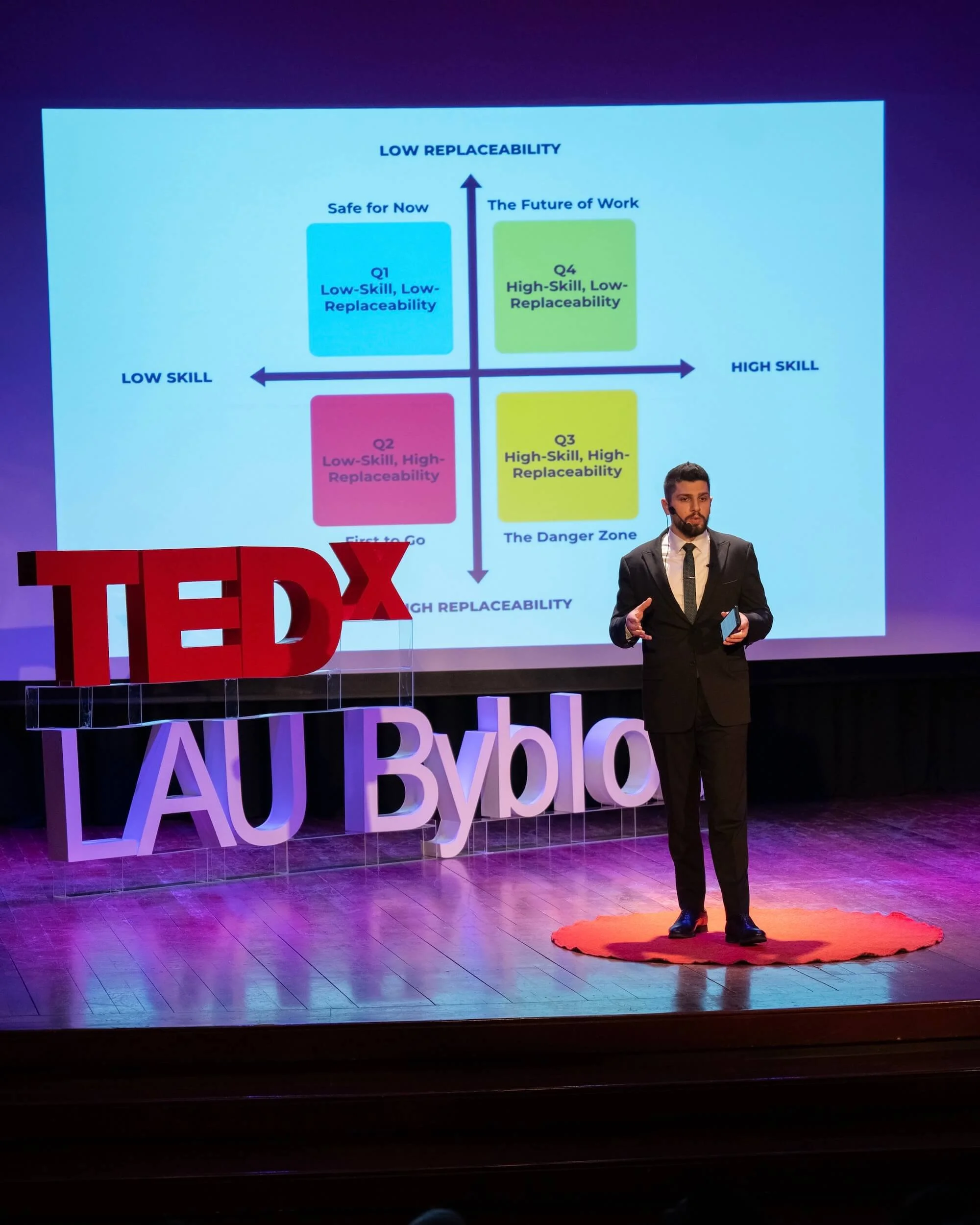 Omar Kandil speaking on the TEDxLAU Byblos stage